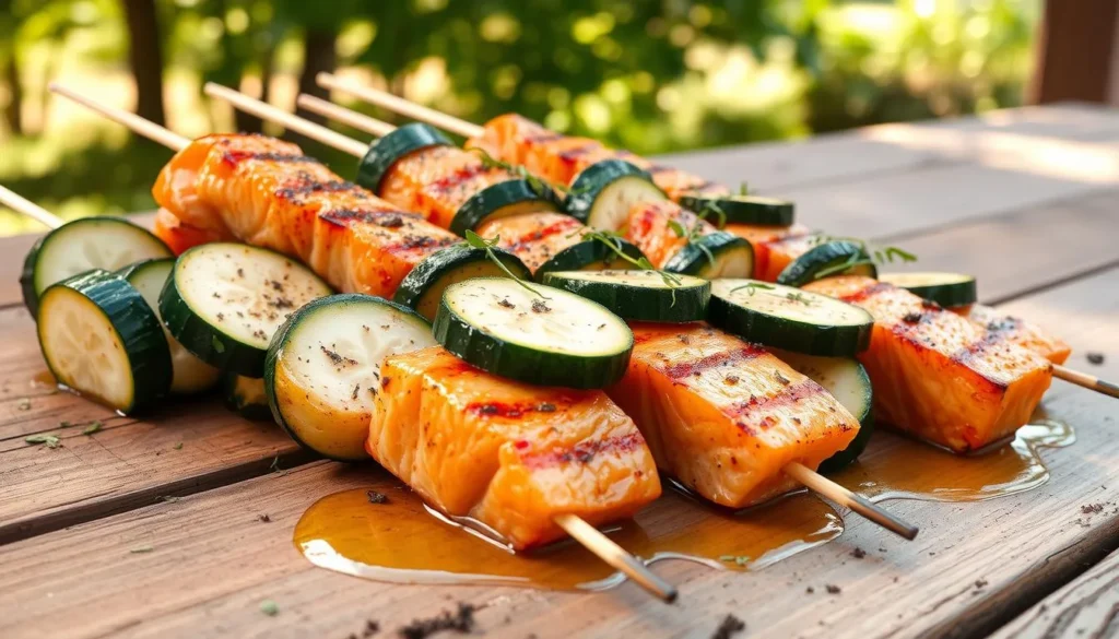brochettes de saumon avec courgettes